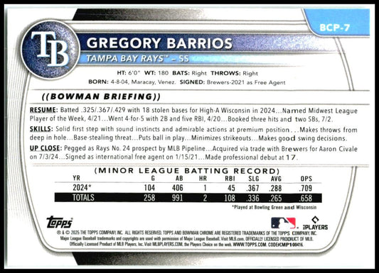 2025 Bowman Chrome Prospects #BCP-7 Gregory Barrios Tampa Bay Rays