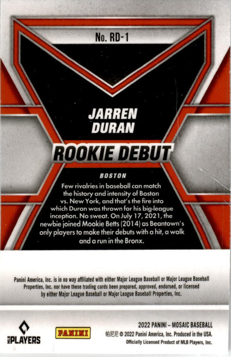 2022 Panini Mosaic Rookie Debut #RD-1 Jarren Duran Boston Red Sox