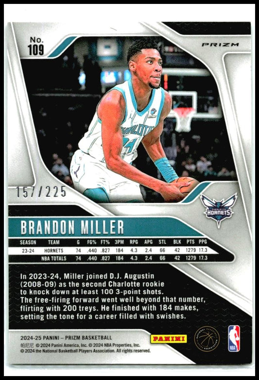 2024-25 Panini Prizm Prizms Teal Ice #109 Brandon Miller #/225 Charlotte Hornets