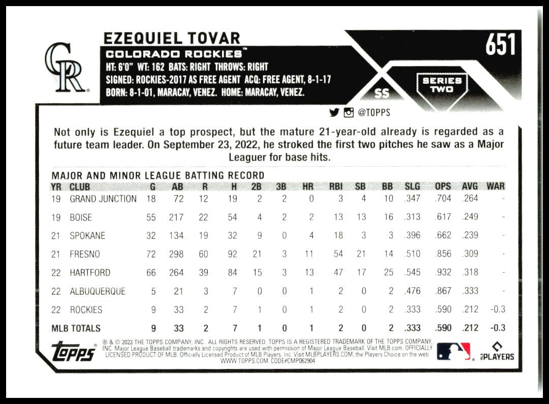 2023 Topps #651 Ezequiel Tovar Rookie Colorado Rockies