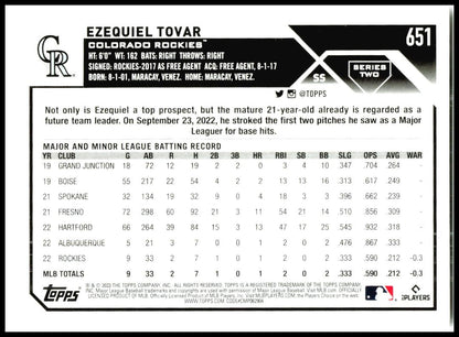 2023 Topps #651 Ezequiel Tovar Rookie Colorado Rockies