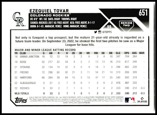 2023 Topps #651 Ezequiel Tovar Rookie Colorado Rockies