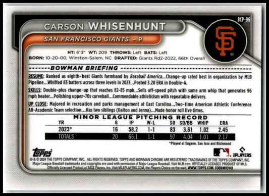2024 Bowman #BCP-96 Carson Whisenhunt San Francisco Giants