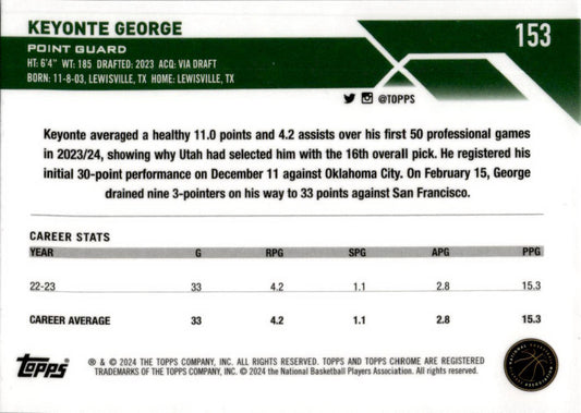2023-24 Topps Chrome Basketball #153 Keyonte George Rookie Utah Jazz
