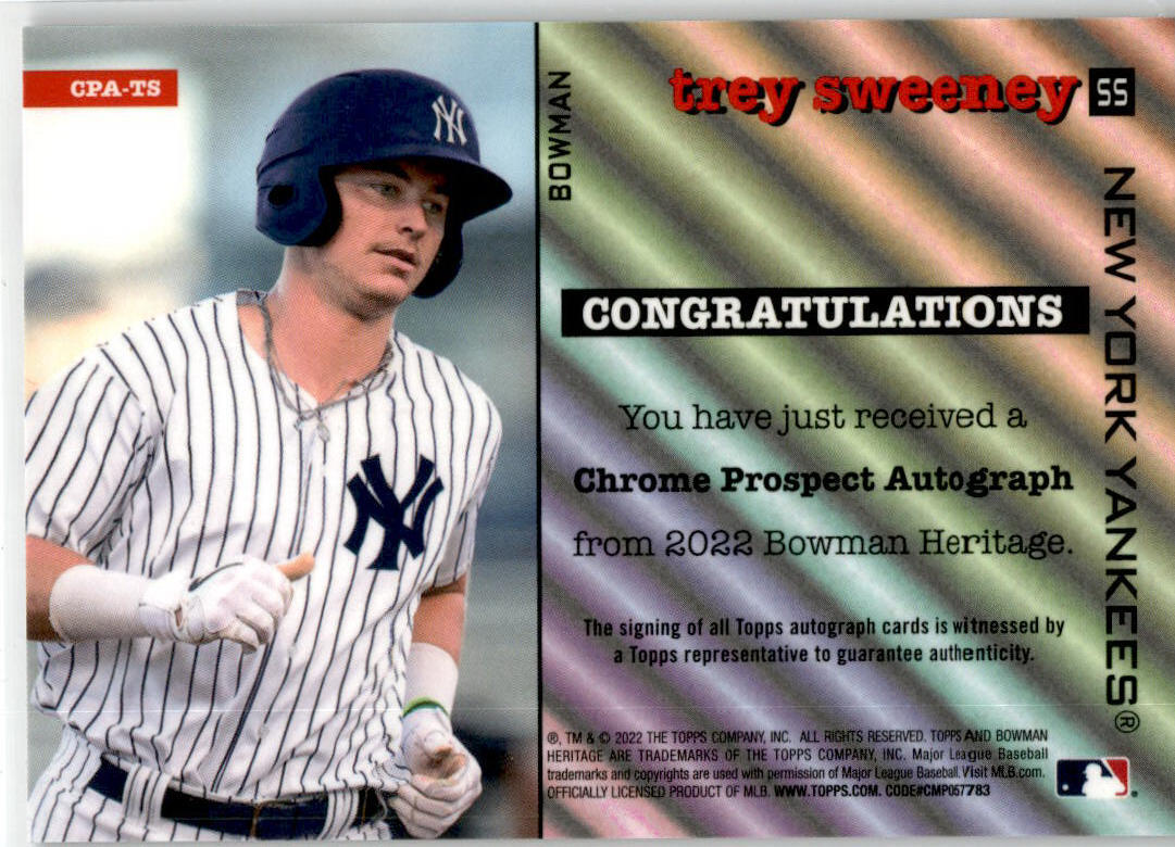 2022 Bowman Heritage Chrome Prospect Auto #CPA-TS Trey Sweeney Auto Yankees