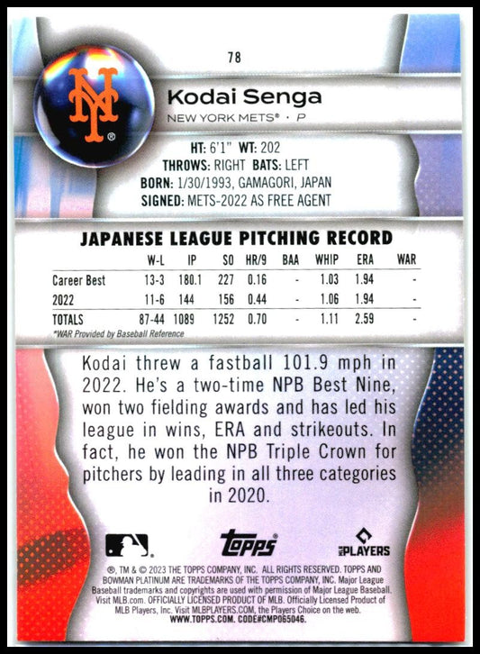 2023 Bowman Platinum #78 Kodai Senga Rookie New York Mets