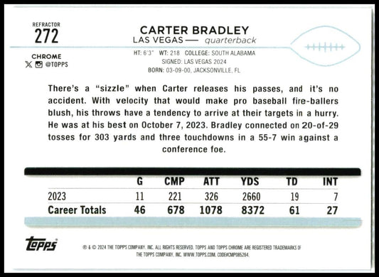 2024 Topps Chrome Refractor #272 Carter Bradley Rookie Las Vegas Raiders