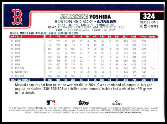 2025 Topps #324 Masataka Yoshida Boston Red Sox