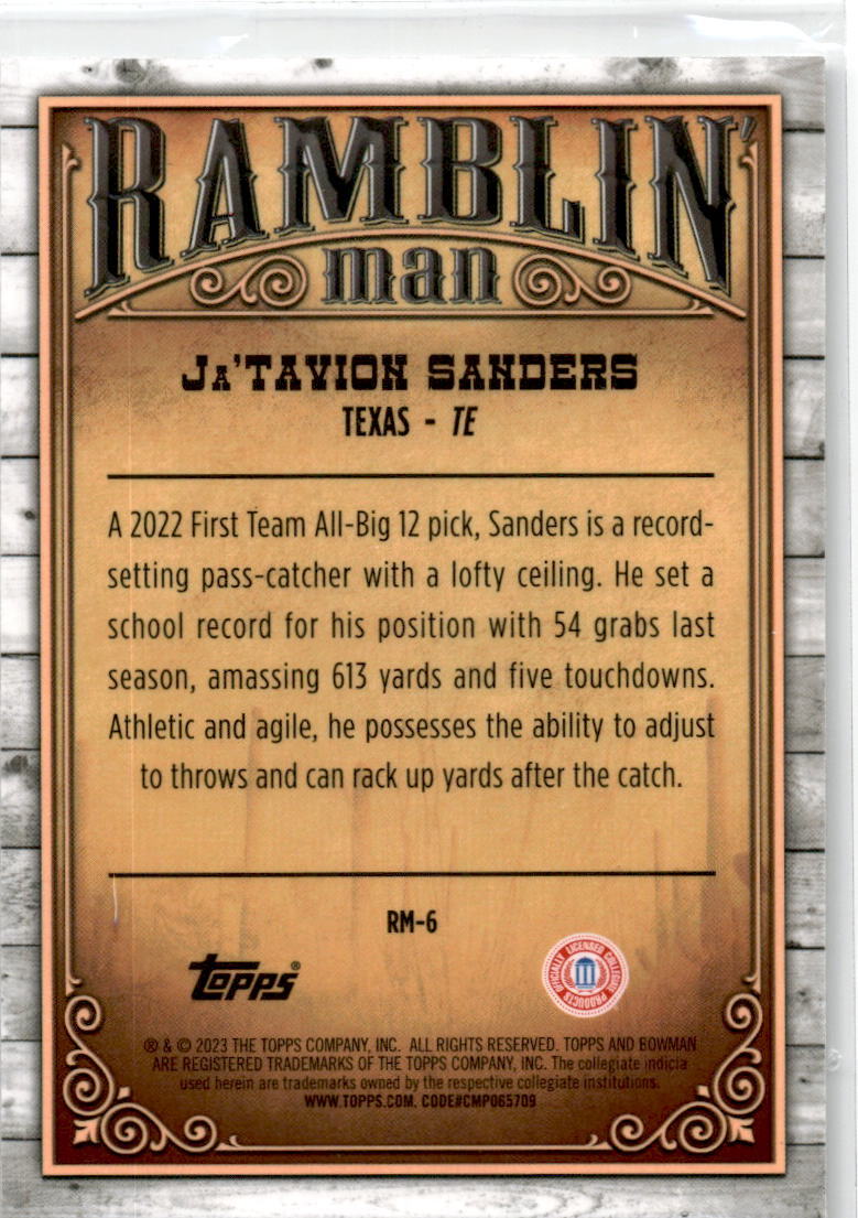 2023 Bowman University Chrome Ramblin' Man #RM-6 Ja'Tavion SandersTexas Longhorn