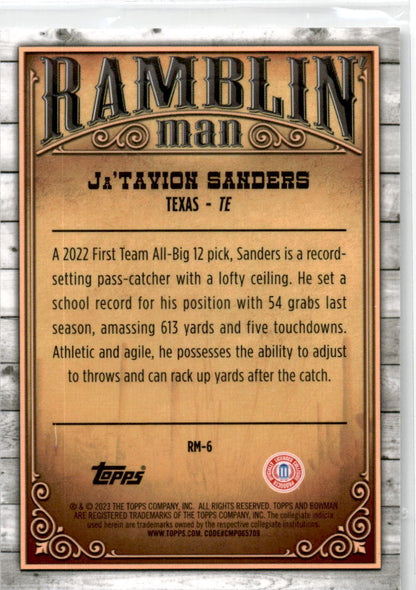 2023 Bowman University Chrome Ramblin' Man #RM-6 Ja'Tavion SandersTexas Longhorn