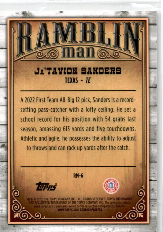 2023 Bowman University Chrome Ramblin' Man #RM-6 Ja'Tavion SandersTexas Longhorn