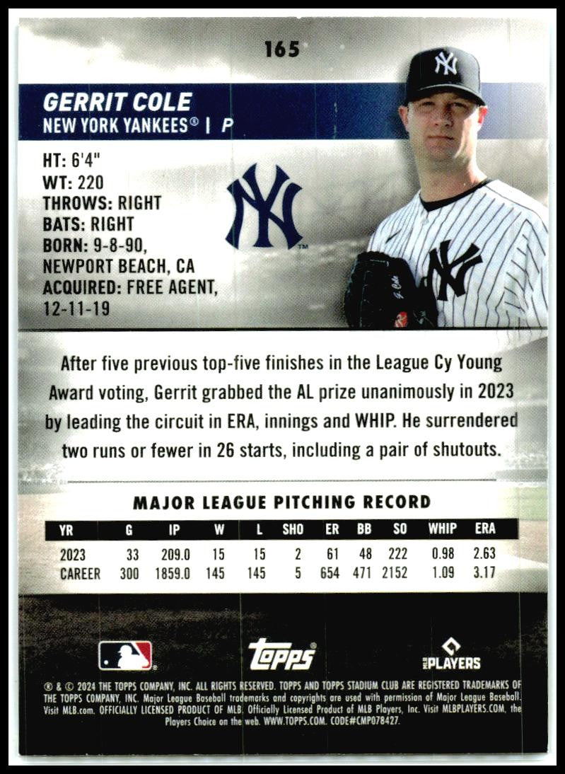 2024 Stadium Club #165 Gerrit Cole New York Yankees