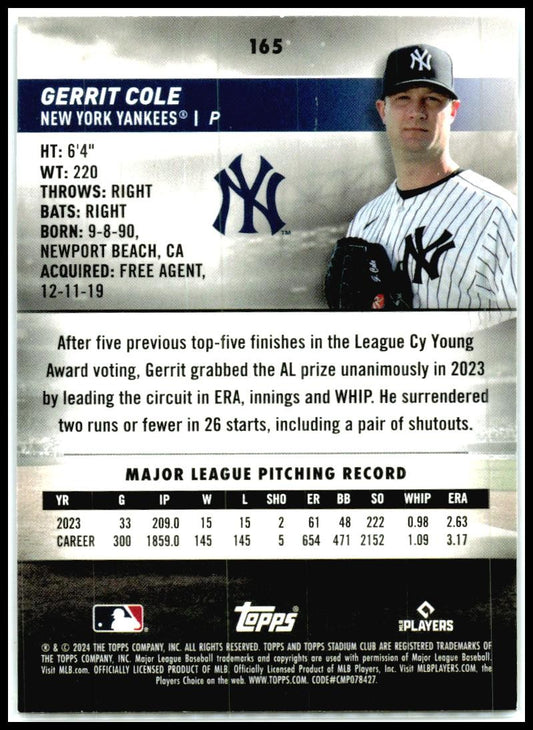 2024 Stadium Club #165 Gerrit Cole New York Yankees