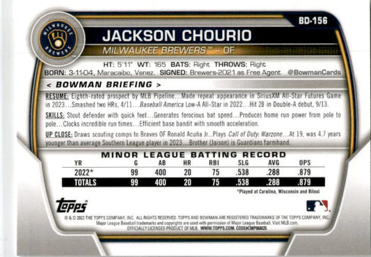 2023 Bowman Draft #BD-156 Jackson Chourio Milwaukee Brewers