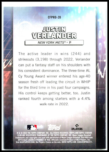 2023 Stadium Club Chief Fantasy Professionals #CFPRO-20 Justin Verlander Mets