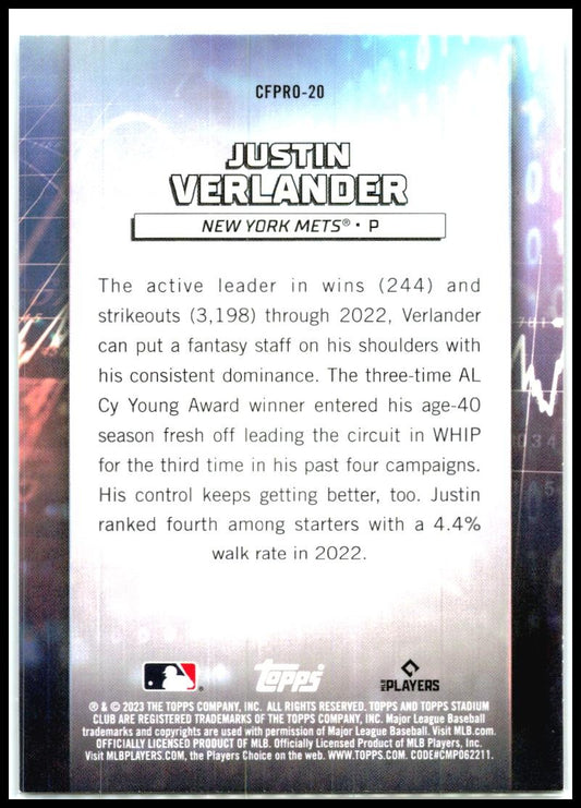 2023 Stadium Club Chief Fantasy Professionals #CFPRO-20 Justin Verlander Mets