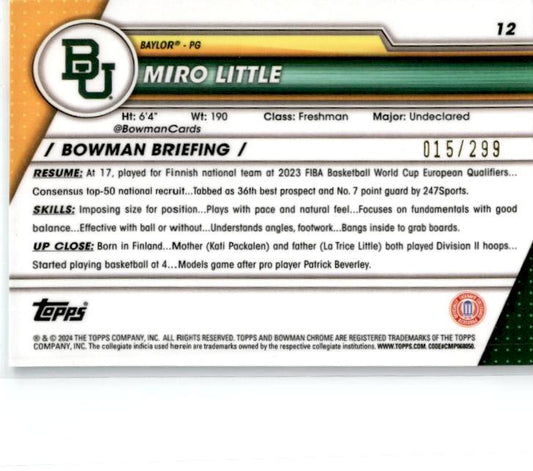2023-24 Bowman University Chrome Aqua Wave Refractor #12 Miro Little Bears
