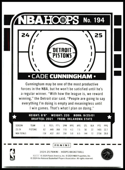 2024-25 Hoops Winter #194 Cade Cunningham Detroit Pistons