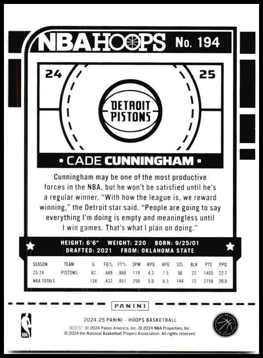 2024-25 Hoops Winter #194 Cade Cunningham Detroit Pistons