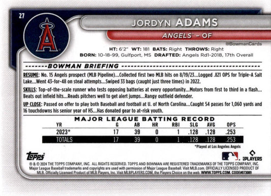2024 Bowman #27 Jordyn Adams Rookie Los Angeles Angels