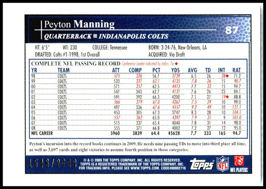 2009 Topps Kickoff Silver Holofoil #87 Peyton Manning #/2009 Indianapolis Colts