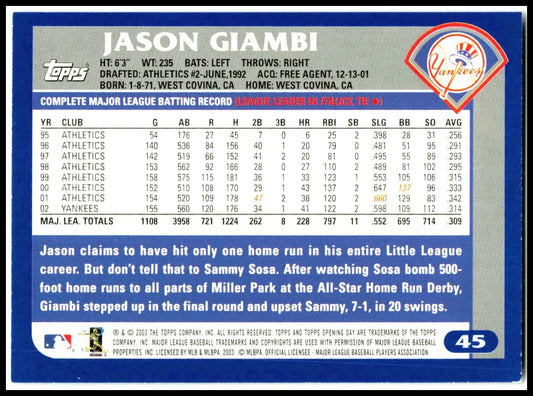 2003 Topps #30 Jason Giambi New York Yankees