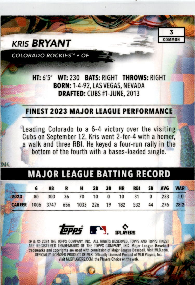 2024 Finest #3 Kris Bryant Colorado Rockies