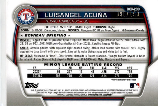 2023 Bowman Chrome Fuchsia Shimmer #BCP-230 Luisangel Acuña Texas Rangers /199