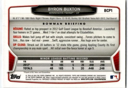 2013 Bowman Chrome Prospects #BCP1 Byron Buxton Minnesota Twins