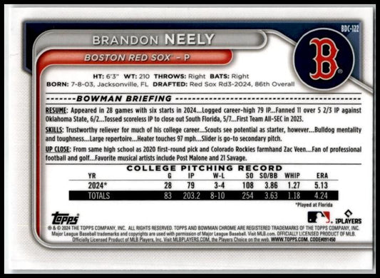 2024 Bowman Draft Chrome #BDC-122 Brandon Neely Boston Red Sox