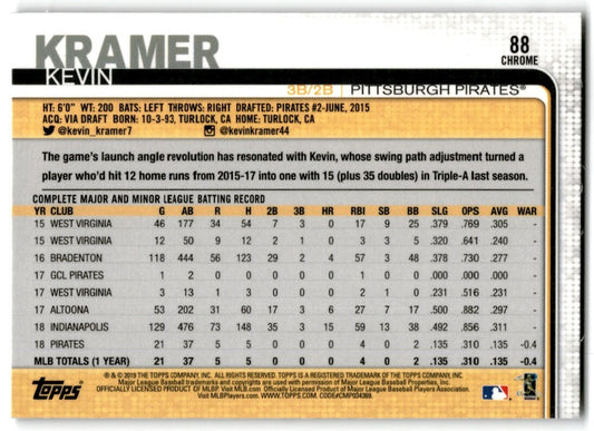 2019 Topps Chrome Kevin Kramer Rookie Pittsburgh Pirates #88