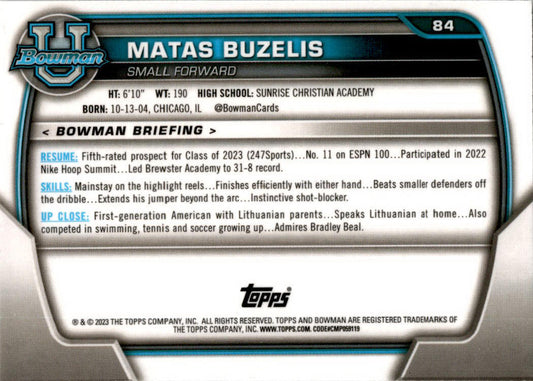 2022-23 Bowman University Chrome #84 Matas Buzelis Sunrise Christian Academy