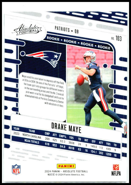 2024 Panini Absolute #103 Drake Maye New England Patriots