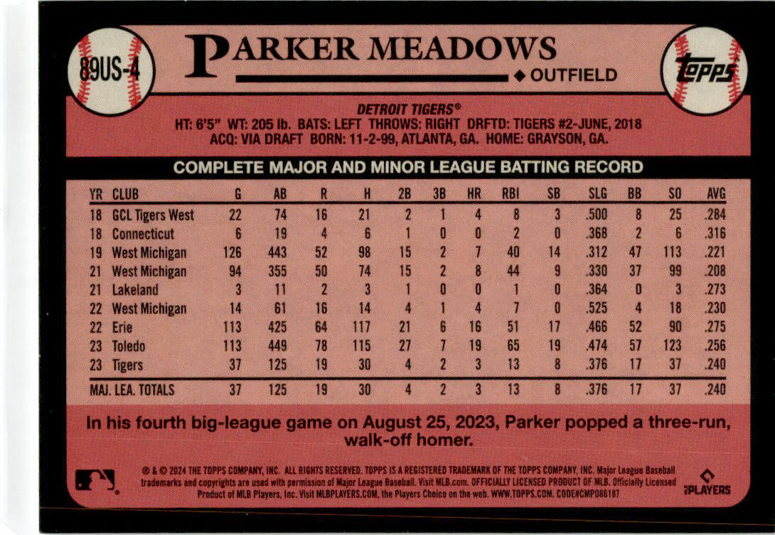 2024 Topps Upadate #89US-4 Parker Meadows Tigers