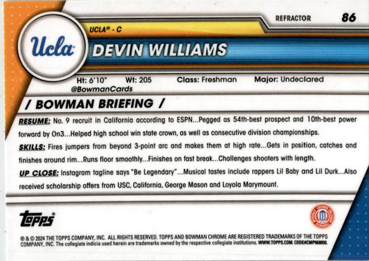 2023-24 Bowman University Chrome Refractor #86 Devin Williams UCLA
