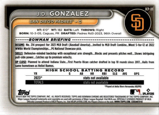 2024 Bowman #BCP-111 J.D. Gonzalez San Diego Padres