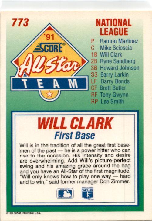 1992 Score #773 Will Clark San Francisco Giants