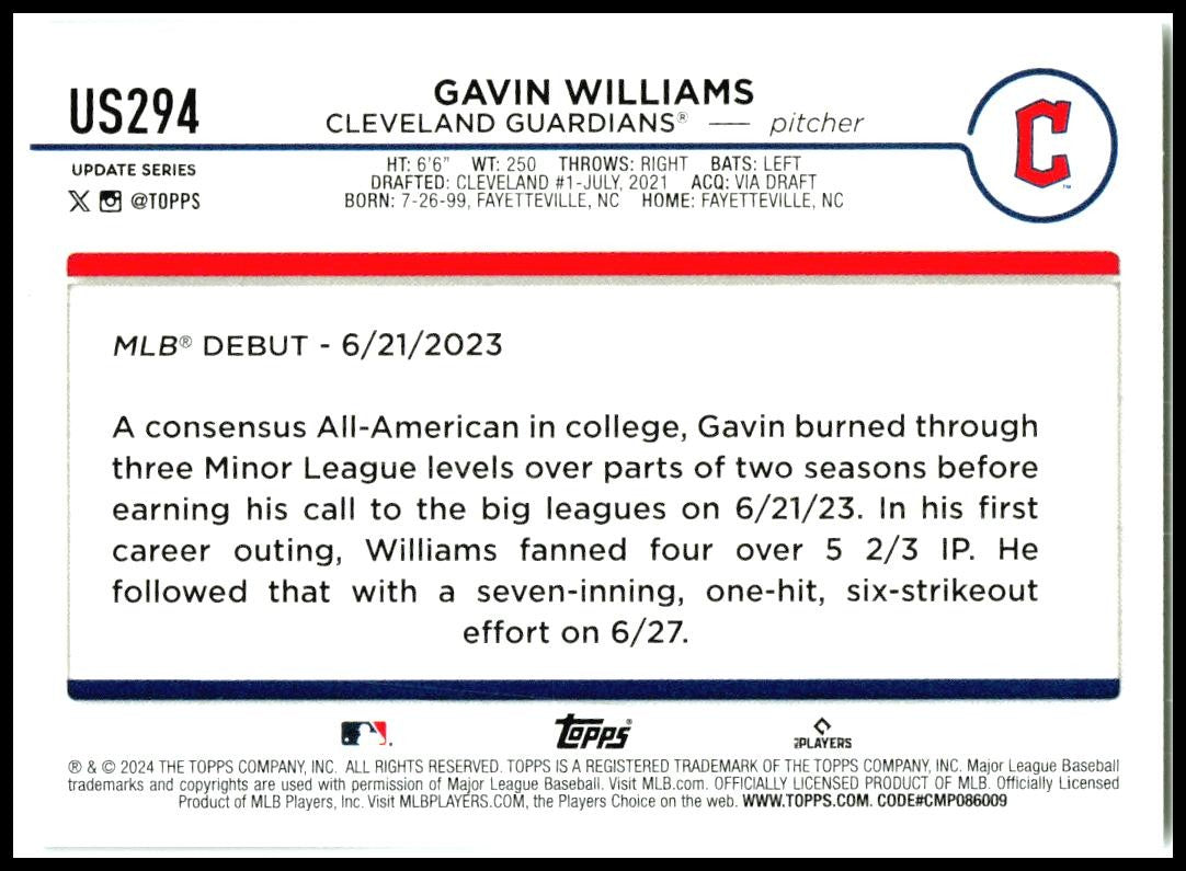 2024 Topps Update #US294 Gavin Williams Cleveland Guardians