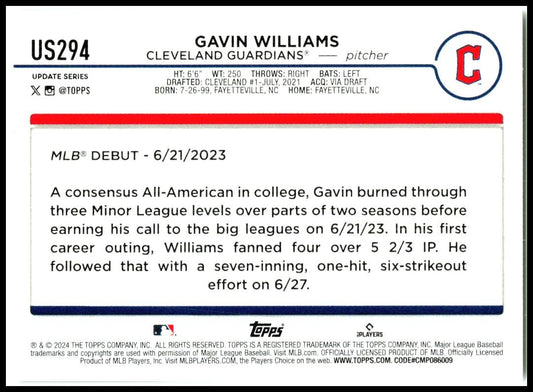 2024 Topps Update #US294 Gavin Williams Cleveland Guardians