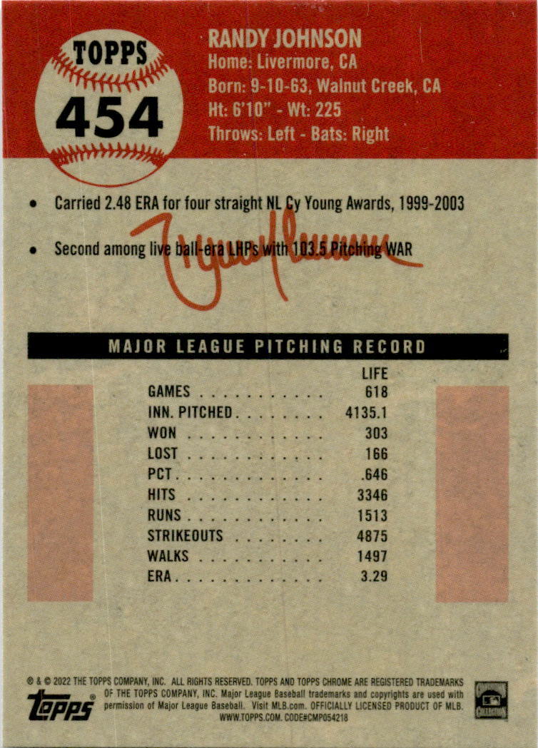2022 Topps Chrome Platinum Anniversary #454 Randy Johnson  Arizona Diamondbacks