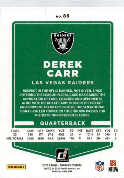 2021 Donruss Press Proof Blue #86 Derek Carr Las Vegas Raiders