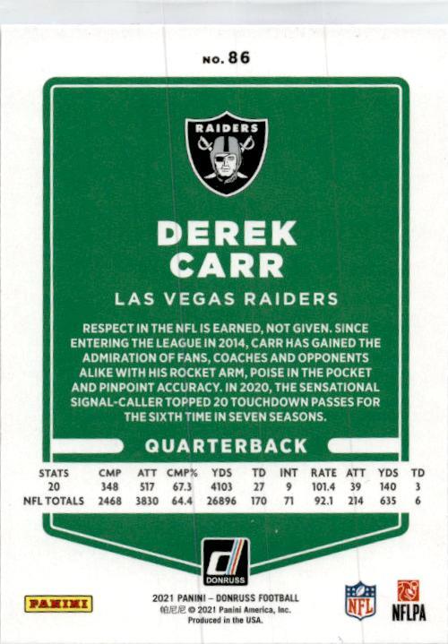2021 Donruss Press Proof Blue #86 Derek Carr Las Vegas Raiders