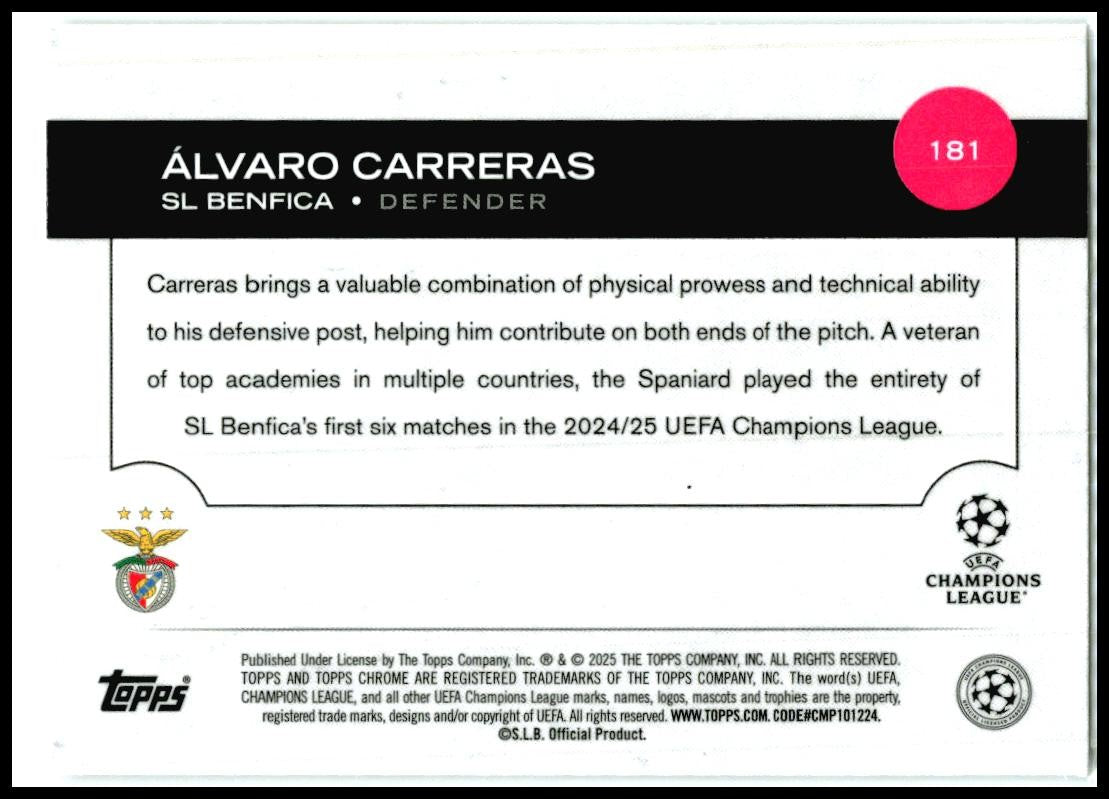 2024-25 Topps Chrome UEFA Club Competitions #181 Alvaro Carreras Rookie Benfica