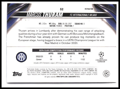 Marcus Thuram #52 2023-24 Topps UEFA Club Competitions Refractor