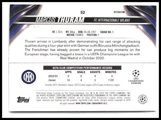 Marcus Thuram #52 2023-24 Topps UEFA Club Competitions Refractor