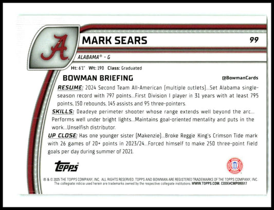 2024-25 Bowman University Chrome Green Shimmer Refractor #99 Mark Sears Bucks