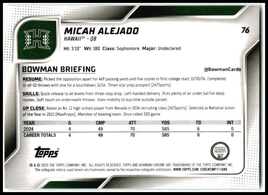 2025 Bowman Chrome University Pink Lava Refractor #76 Micah Alejado