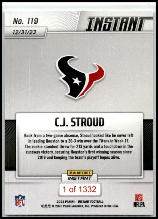 2023 Panini Instant #/1332 #119 CJ Stoud Rookie Texans