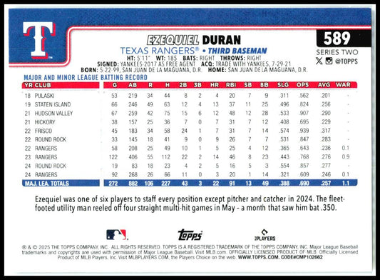 2025 Topps Rainbow Foil #589 Ezequiel Duran Texas Rangers