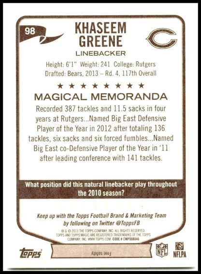 2013 Topps Magic #98 Khaseem Greene Rookie Chicago Bears